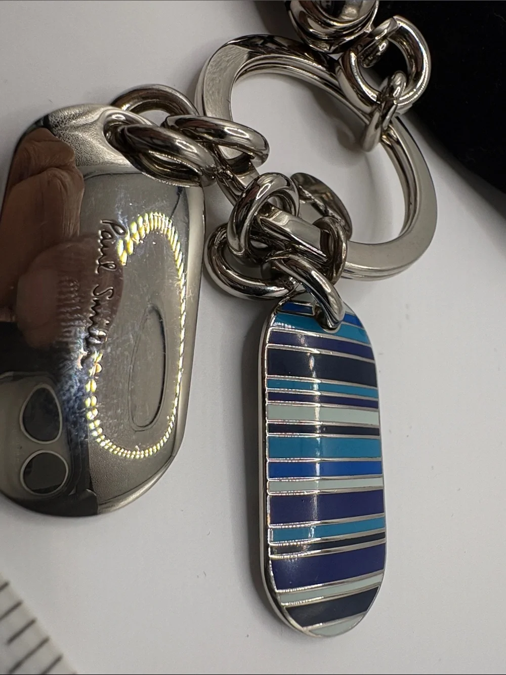 Paul Smith Silver Tone Keyring with Blue and Navy Striped Enamel Charms